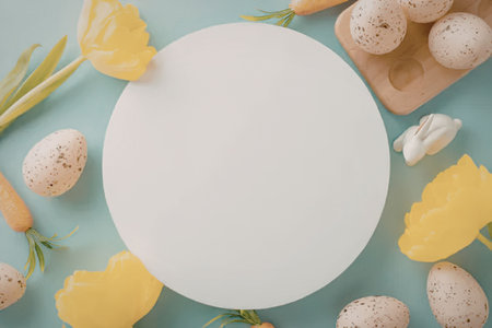 Blank white circle surrounded by easter eggs, yellow tulips, and carrots on a pastel blue background, perfect for easter greeting cards and decorations.の写真素材