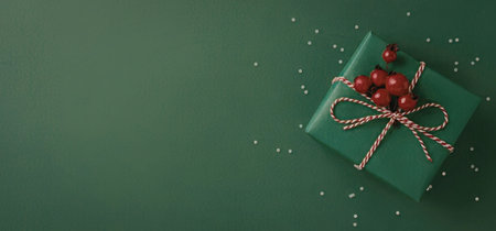 Beautiful green christmas gift box adorned with red baubles and ribbon on a festive holiday background with sparkling decorations symbolizing joy and celebration.の写真素材