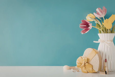 Beautiful flowers in white vase with gift box and cosmetics on a white surface near serene blue wall.の写真素材