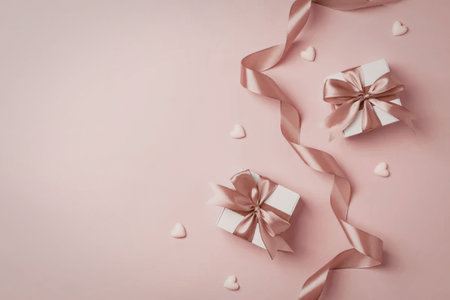 Pink gift boxes with ribbon bows and small hearts on a soft pastel pink background symbolize love, making it perfect for a valentines day celebration.の写真素材
