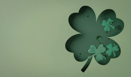 Four leaf clover with layered shamrocks on a vibrant green background symbolizing luck and celebration.の写真素材