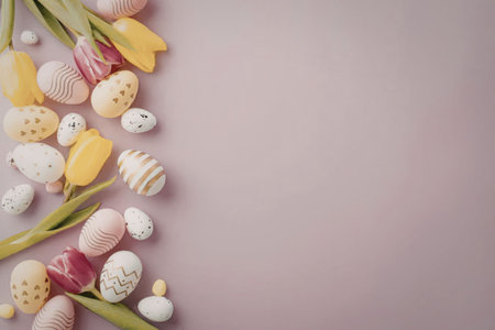 Pastel easter eggs and tulips beautifully arranged on a soft pink pastel background symbolizing...