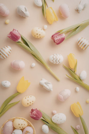 Assorted pastel colored easter eggs and tulip flowers are beautifully arranged on a beige background...