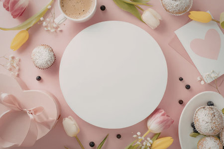 Soft pink background adorned with cupcakes, coffee, tulips, and gift, perfect for valentines day celebration or romantic morning breakfast with loved ones.の写真素材