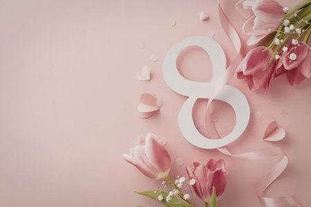 Beautiful pink tulips and ribbon surround a large white number eight on a pastel pink background...