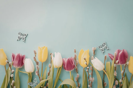Tulips in yellow, white, and pink hues with pussy willow branches and decorative butterflies on a...