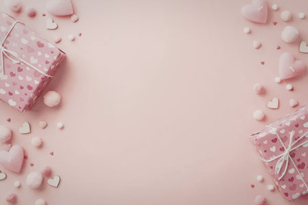 Pink gift boxes with white ribbon surrounded by heart-shaped candies and decorations on a soft pastel pink background symbolizing valentines day love and affection.の写真素材