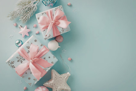 Beautifully wrapped Christmas gifts with pink ribbons and snowflake patterns on a soft blue background, surrounded by festive decorations, ornaments, and stars.の写真素材