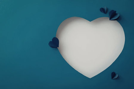 Large white heart shape with several small, folded blue paper hearts on a vibrant blue background...