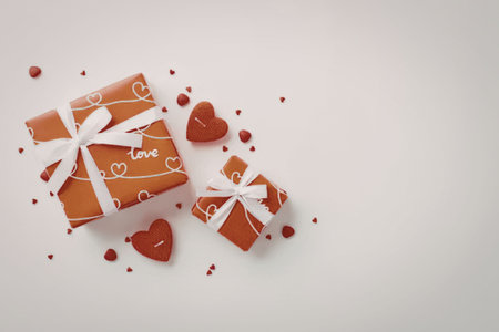 Beautifully wrapped red gift boxes with white ribbons and hearts on a white background surrounded by...