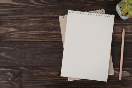 Blank notebook and pencil on a dark wooden desk accompanied by a small potted plant creating a...