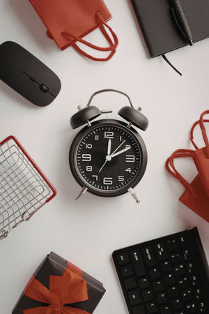 Black alarm clock is centered on a white desk surrounded by office supplies and red gift bags.