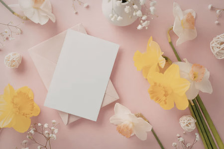 Blank white card on a pink envelope is surrounded by cheerful yellow daffodils and various white spring flowers on a vibrant pink background perfect for greetings and invitations.の写真素材