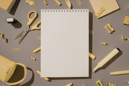 Spiral notebook with blank pages surrounded by yellow office supplies and stationery on a gray...