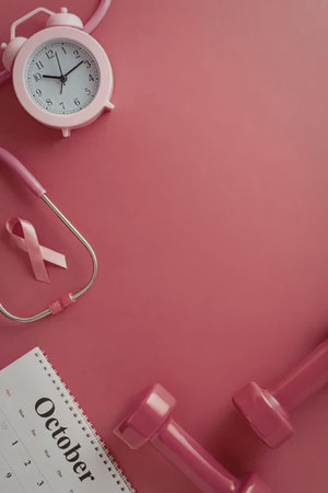 Pink ribbon, stethoscope, dumbbells, and calendar with October on a pink background symbolizing breast cancer awareness month and the importance of health and wellness.の写真素材