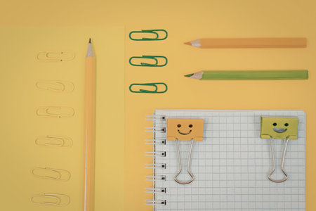 Brightly colored stationery including notebooks, pencils, and binder clips arranged on a vibrant...