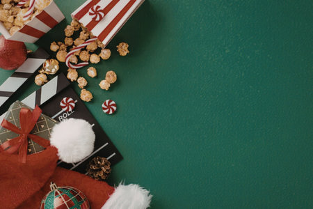 Santa hat and festive treats like popcorn and candy canes on green background with gift cards and ornaments creating a joyful christmas celebration scene.の写真素材