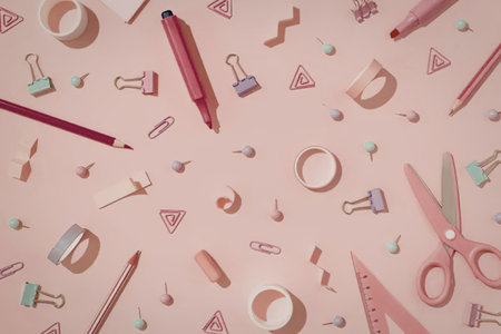 Pastel pink and peach stationery items including scissors, markers, pencils, and paperclips are...