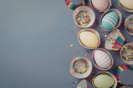 Colorful Easter eggs with sprinkles and stripes in pastel paper cups on purple background, symbolizing festive holiday celebration and sweet treats.の写真素材