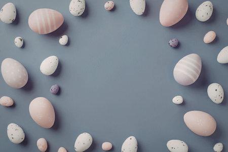 Easter eggs in various sizes and pastel colors are arranged in a festive border on a lavender...