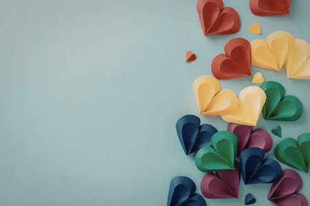 Colorful paper hearts in red, yellow, green, blue, and purple hues arranged on a light blue...