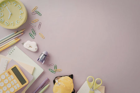 Colorful school supplies including calculator, clock, pencils, and scissors arranged on pastel pink...