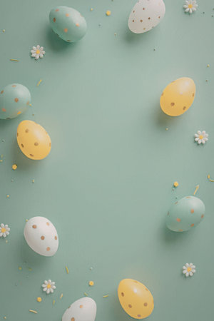 Colorful easter eggs with polka dots and small white flowers on a soft pastel green background...