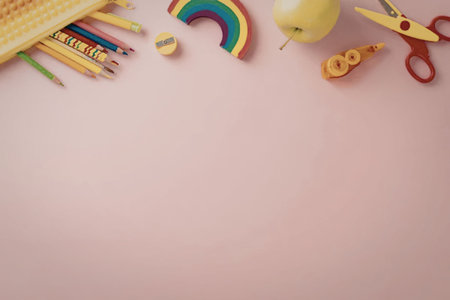 Colorful school supplies including pencils, scissors, and a rainbow decoration are arranged...