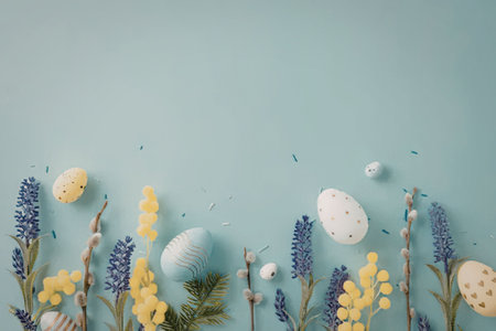 Decorative easter eggs and flowers including lavender and mimosa arranged on branches against a soft...