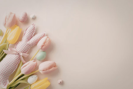Easter decoration flat lay features soft pink and yellow tulips alongside a gingham fabric bunny and small decorative eggs perfect for spring celebration designs.の写真素材