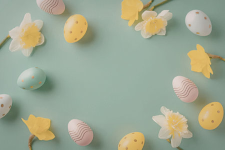 Colorful easter eggs and yellow daffodils arranged on a soft green background creating a festive...