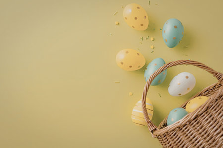 Colorful Easter eggs spill from a wicker basket on a vibrant green background, creating a festive...