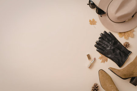 Elegant autumn fashion accessories including hat, gloves, sunglasses, and boots arranged on beige background with autumn leaves and pinecones creating a stylish and luxurious display.の写真素材