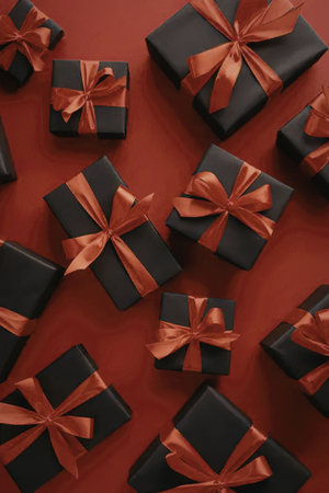Elegant black gift boxes adorned with red ribbons and bows on a vibrant red background, perfect for...