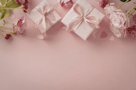 Elegant gift boxes adorned with delicate bows surrounded by beautiful pink roses on a soft pink background with hearts, symbolizing love and romantic celebrations.の写真素材