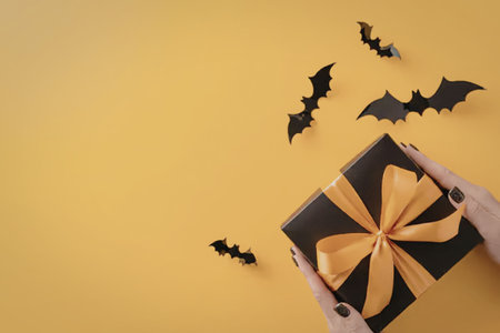 Female hands with black painted nails holding a black gift box with an orange ribbon on a yellow...