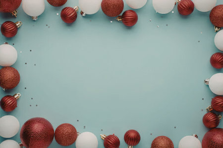 Red and white christmas baubles arranged in a border on a light blue background creating a festive...