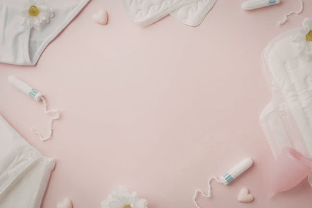 Feminine hygiene products and accessories are neatly arranged on a soft pink background surrounded by flowers and hearts, symbolizing women's health and menstrual care.の写真素材