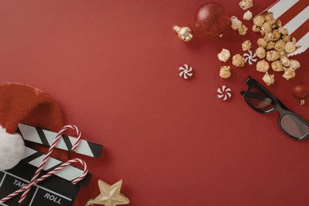 Festive holiday movie night setup featuring popcorn, 3D glasses, and Christmas decorations on a vibrant red background, creating a fun and celebratory atmosphere for the season.の写真素材