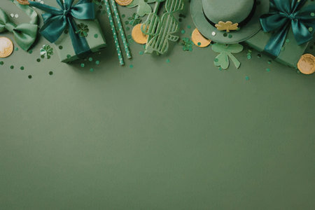Festive st patricks day celebration setup includes green wrapped gifts, hat, shamrocks, and gold coins on a green background with confetti and ribbons.の写真素材