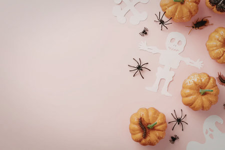Halloween decorations featuring orange pumpkins, spiders, and a skeleton on a pink background, creating a festive and spooky atmosphere for the holiday season.の写真素材