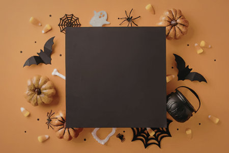 Blank black card surrounded by Halloween decorations including pumpkins, candy corn, spider webs, bats, and a ghost on a vibrant orange background.の写真素材