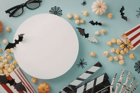 Blank white circle surrounded by Halloween decorations and cinema elements on a blue background with popcorn, pumpkins, bats, spiders, 3D glasses, clapboard, and skeleton.