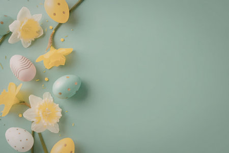 Colorful easter eggs and yellow daffodils arranged on a soft pastel green background symbolize spring and new life.の写真素材