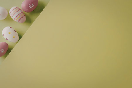 Decorative easter eggs in pastel shades and various patterns are arranged on a green background,...