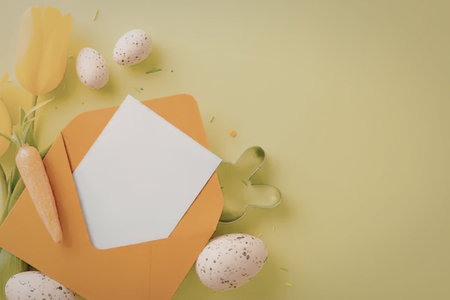Blank white paper on orange card surrounded by yellow tulips and quail eggs on a green background,...