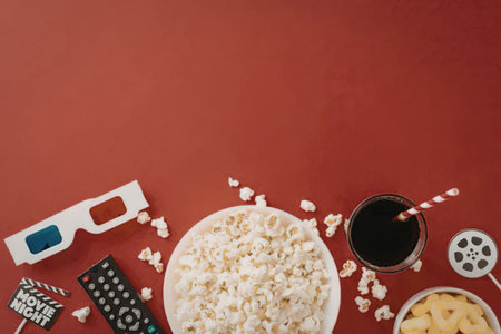 Popcorn, cola, and 3D glasses arranged on a red background with movie night props create a fun and festive atmosphere for a cozy evening at home.の写真素材