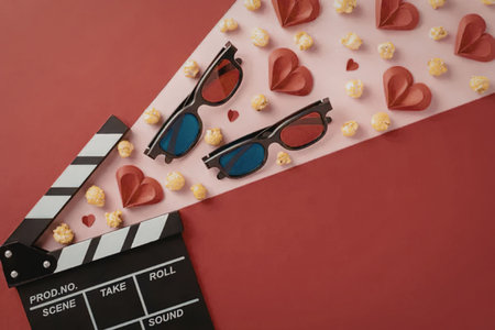 Movie night concept with 3d glasses and film clapboard on vibrant red background with popcorn,...