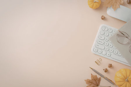 Modern workspace featuring a laptop keyboard surrounded by autumn decorations including pumpkins, leaves, and acorns on a beige background with ample copy space.の写真素材