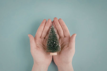 Person gently holding a small decorative christmas tree with snow against a soft blue background symbolizing the holiday season and festive spirit.の写真素材